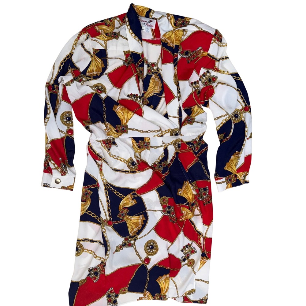 Caron Petite Vintage Chain Print Wrap Dress Red White Navy Blue Gold Size 16P